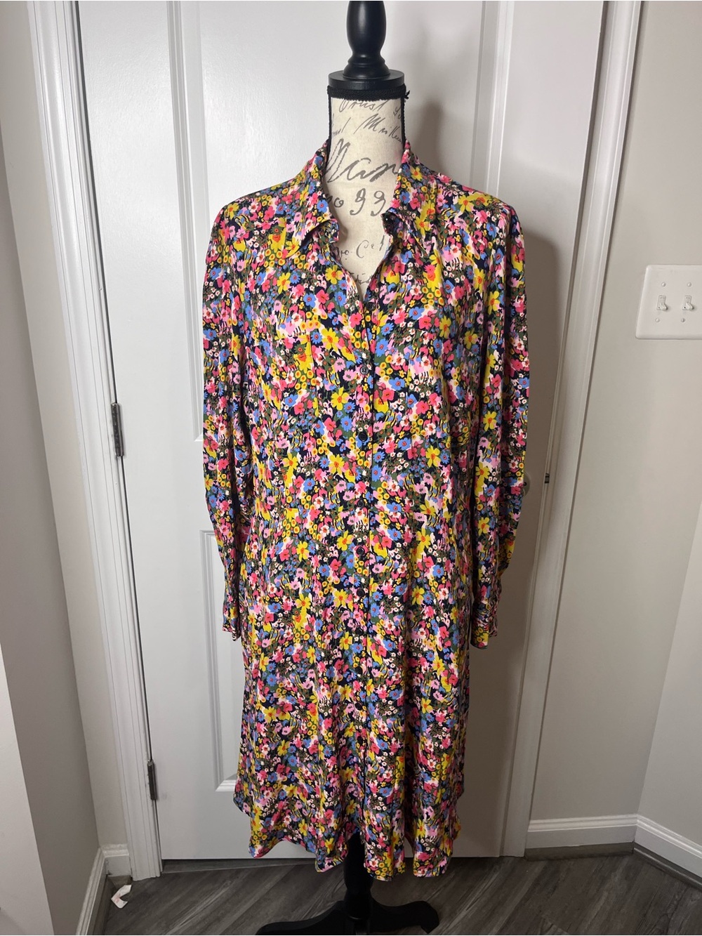 Boden Long-Sleeve Floral Shirt Dress in Pink, Yellow & Blue